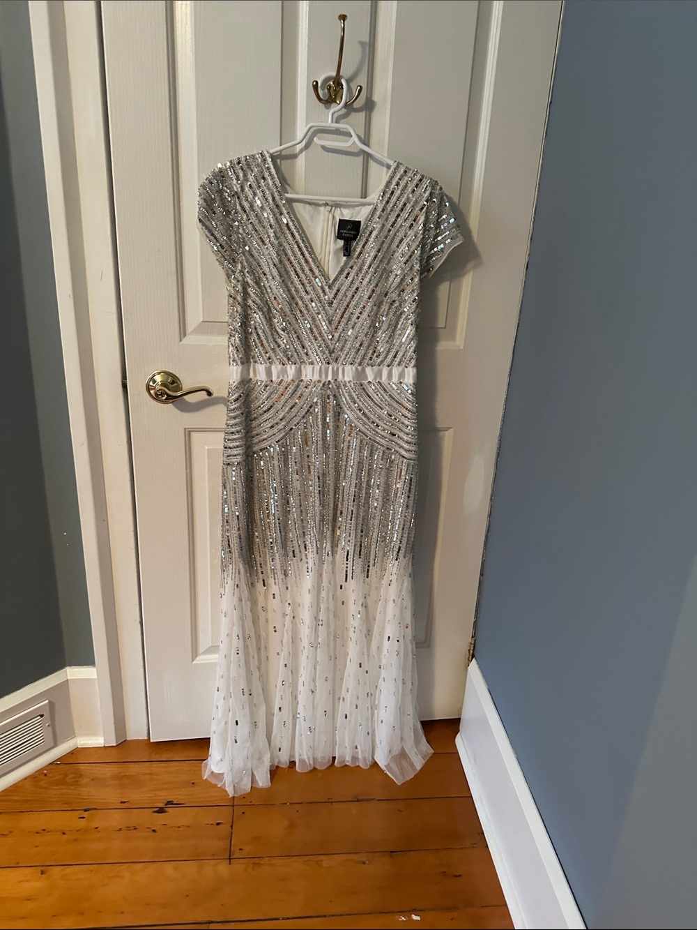 Adrianna Papell Silver Sequin V-Neck Maxi Dress